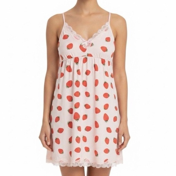Dresses & Skirts - AVIDLOVE Strawberry Print Nightgown Slip Dress Pink White Size M
